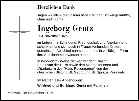 Traueranzeige von Ingeborg Gentz von Nordkurier Grosso