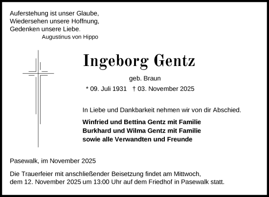 Traueranzeige von Ingeborg Gentz von Nordkurier Grosso