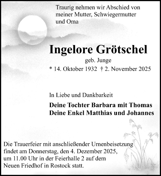 Traueranzeige von Ingelore Grötschel von Norddeutsche Neueste Nachrichten