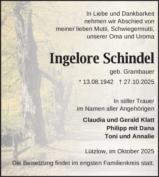 Traueranzeige von Ingelore Schindel von Uckermark Kurier Prenzlauer Zeitung