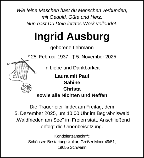 Traueranzeige von Ingrid Ausburg von Zeitung für die Landeshauptstadt
