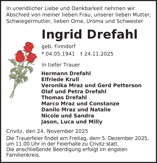 Traueranzeige von Ingrid Drefahl von Zeitung für die Landeshauptstadt