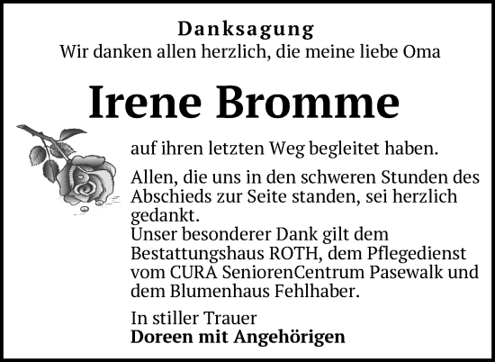 Traueranzeige von Irene Bromme von Uckermark Kurier Prenzlauer Zeitung