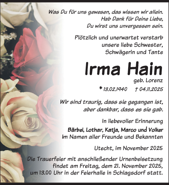 Traueranzeige von Irma Hain von Gadebusch - Rehnaer Zeitung