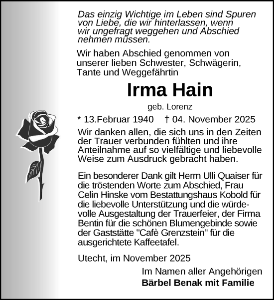 Traueranzeige von Irma Hain von Gadebusch - Rehnaer Zeitung
