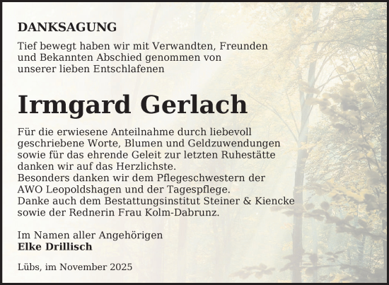 Traueranzeige von Irmgard Gerlach von Nordkurier Grosso