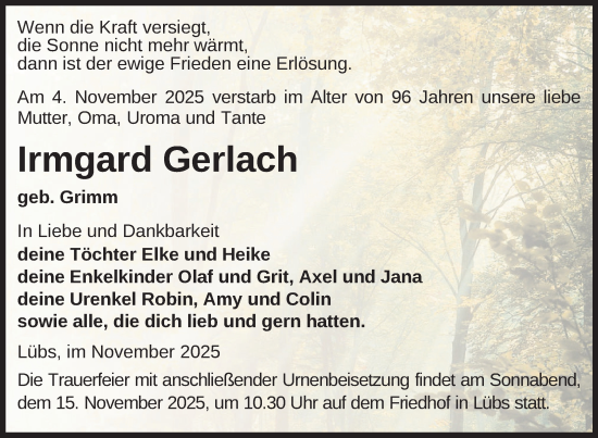 Traueranzeige von Irmgard Gerlach von Nordkurier Grosso
