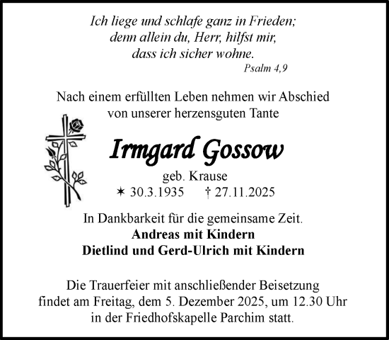 Traueranzeige von Irmgard Gossow von Parchim und Lübz