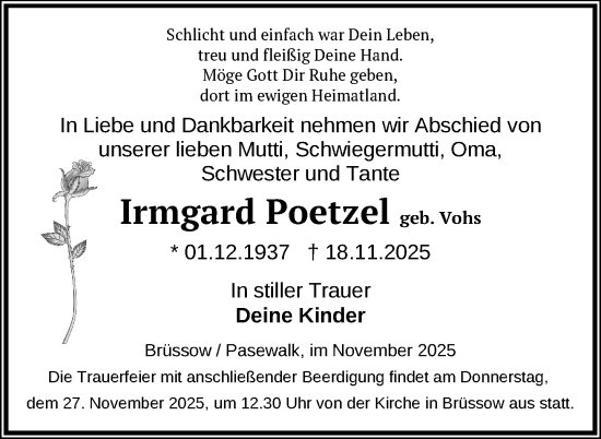 Traueranzeige von Irmgard Poetzel von Nordkurier Pasewalker Zeitung