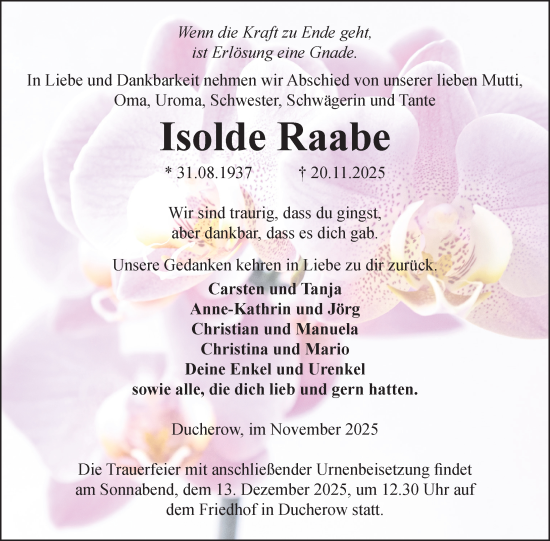 Traueranzeige von Isolde Raabe von Nordkurier Vorpommern Kurier