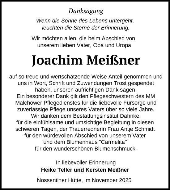 Traueranzeige von Joachim Meißner von Nordkurier Müritz-Zeitung
