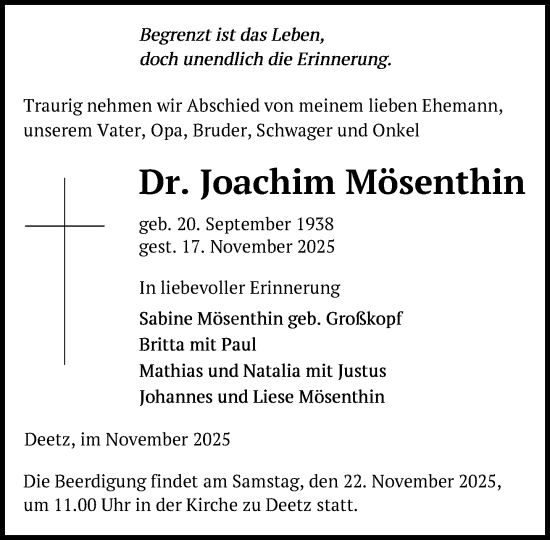 Traueranzeige von Joachim Mösenthin von Zeitung für die Landeshauptstadt