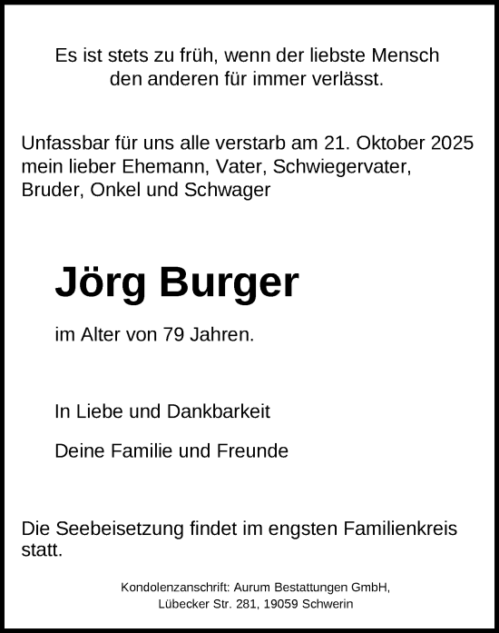 Traueranzeige von Jörg Burger von Zeitung für die Landeshauptstadt