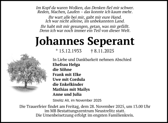 Traueranzeige von Johannes Seperant von Nordkurier Grosso