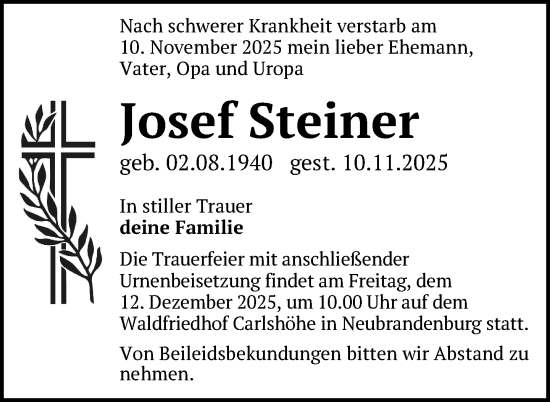 Traueranzeige von Josef Steiner von Nordkurier Neubrandenburger Zeitung