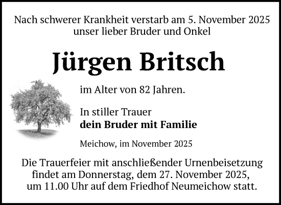 Traueranzeige von Jürgen Britsch von Uckermark Kurier Prenzlauer Zeitung