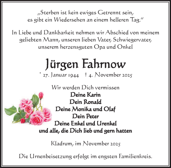 Traueranzeige von Jürgen Fahrnow von Parchim und Lübz