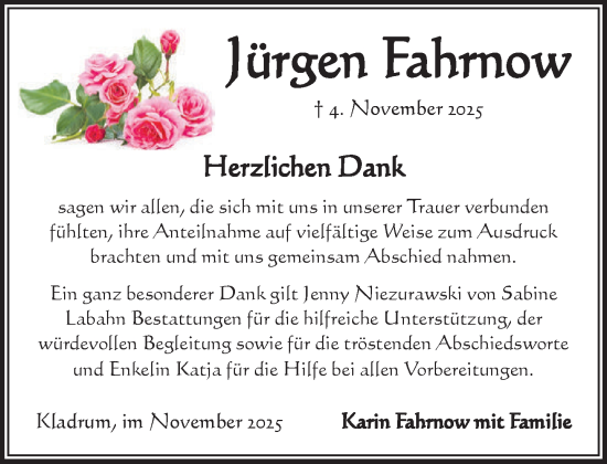 Traueranzeige von Jürgen Fahrnow von Parchim und Lübz