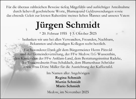 Traueranzeige von Jürgen Schmidt von Nordkurier Vorpommern Kurier