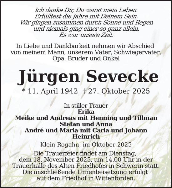 Traueranzeige von Jürgen Sevecke von Zeitung für die Landeshauptstadt