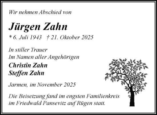 Traueranzeige von Jürgen Zahn von Nordkurier Vorpommern Kurier