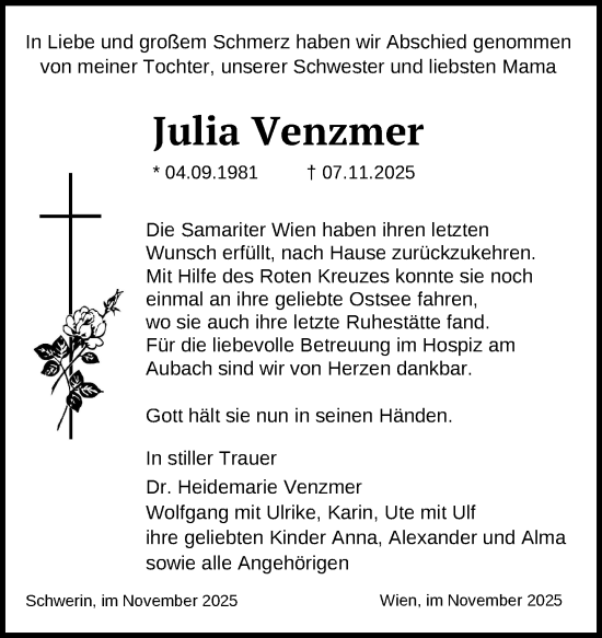 Traueranzeige von Julia Venzmer von Zeitung für die Landeshauptstadt