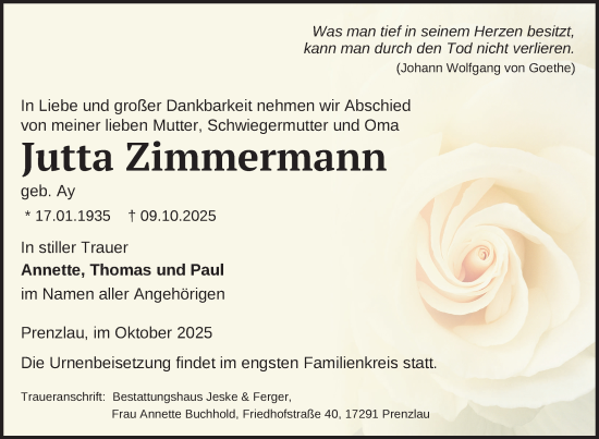 Traueranzeige von Jutta Zimmermann von Uckermark Kurier Prenzlauer Zeitung