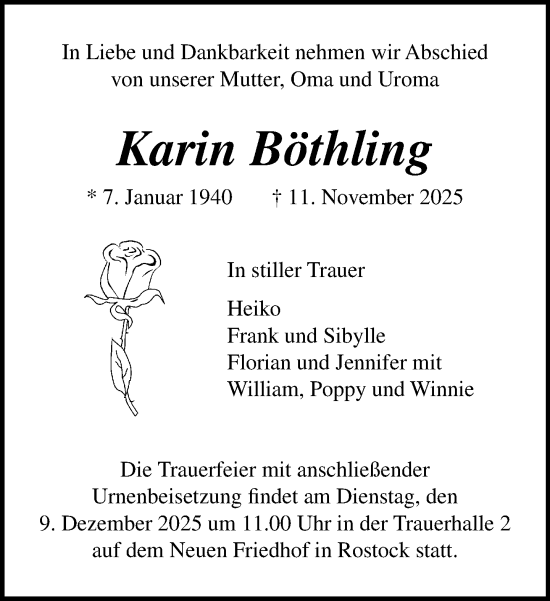 Traueranzeige von Karin Böthling von Norddeutsche Neueste Nachrichten