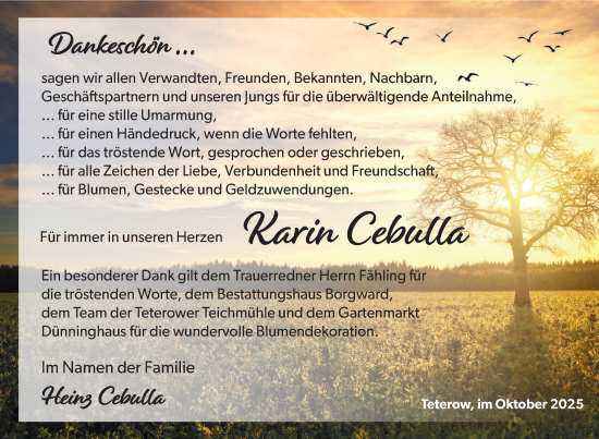 Traueranzeige von Karin Cebulla von Nordkurier Mecklenburger Schweiz