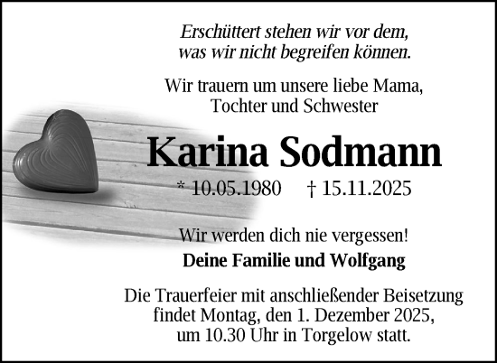 Traueranzeige von Karina Sodmann von Nordkurier Grosso