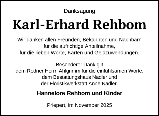 Traueranzeige von Karl-Erhard Rehbom von Nordkurier Strelitzer Zeitung