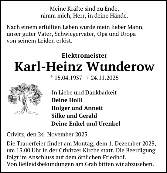 Traueranzeige von Karl-Heinz Wunderow von Zeitung für die Landeshauptstadt