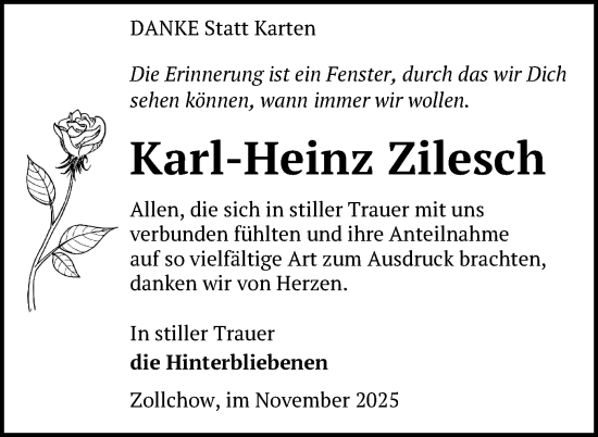 Traueranzeige von Karl-Heinz Zilesch von Uckermark Kurier Prenzlauer Zeitung