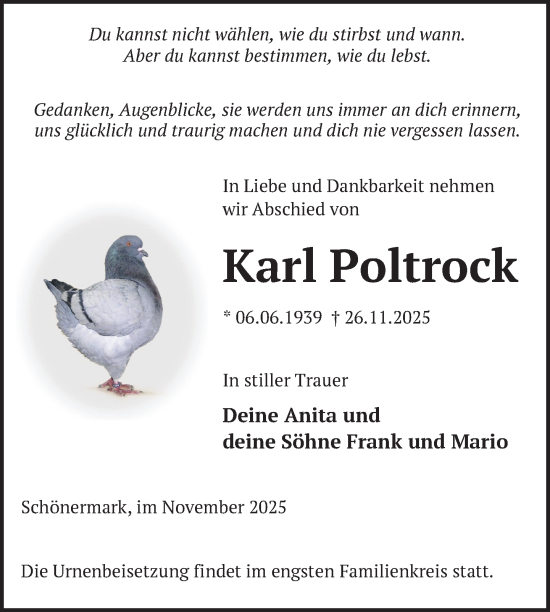 Traueranzeige von Karl Poltrock von Uckermark Kurier Prenzlauer Zeitung