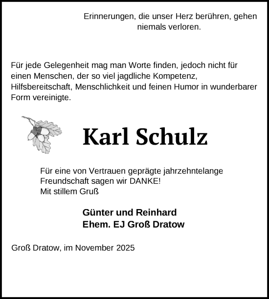 Traueranzeige von Karl Schulz von Nordkurier Müritz-Zeitung