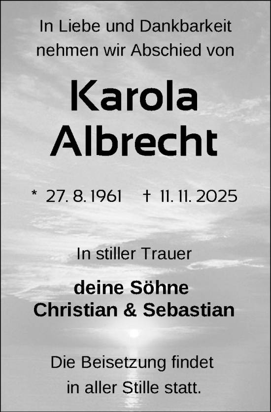 Traueranzeige von Karola Albrecht von Nordkurier Neubrandenburger Zeitung