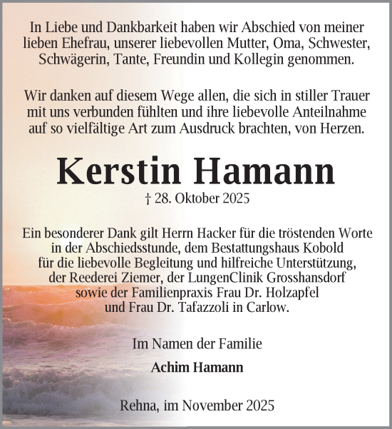 Traueranzeige von Kerstin Hamann von Gadebusch - Rehnaer Zeitung