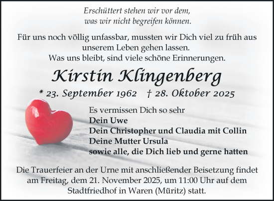 Traueranzeige von Kirstin Klingenberg von Nordkurier Müritz-Zeitung