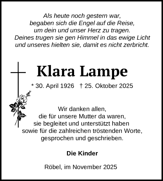Traueranzeige von Klara Lampe von Nordkurier Müritz-Zeitung