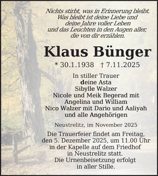 Traueranzeige von Klaus Bünger von Nordkurier Grosso