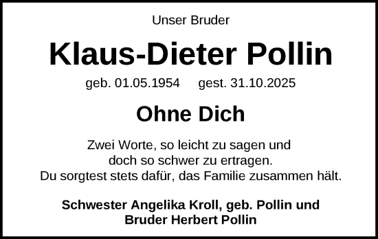 Traueranzeige von Klaus-Dieter Pollin von Zeitung für die Landeshauptstadt