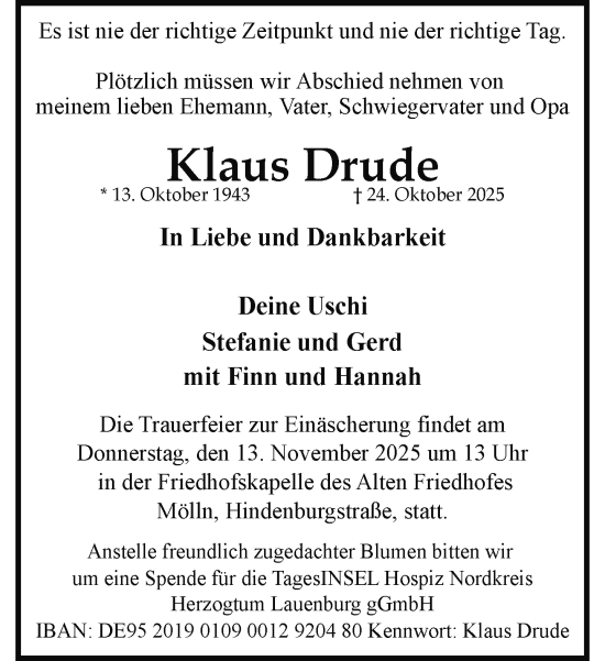 Traueranzeige von Klaus Drude von Gadebusch - Rehnaer Zeitung