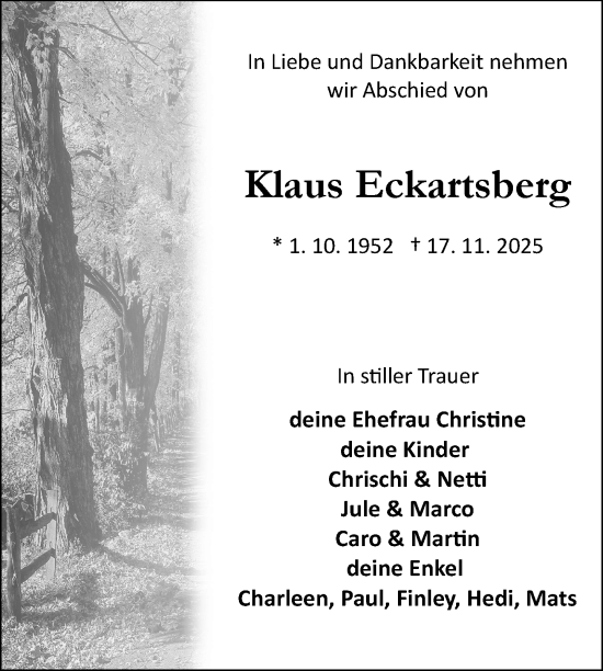 Traueranzeige von Klaus Eckartsberg von Nordkurier Neubrandenburger Zeitung
