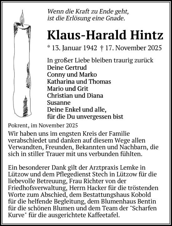 Traueranzeige von Klaus-Harald Hintz von Gadebusch - Rehnaer Zeitung