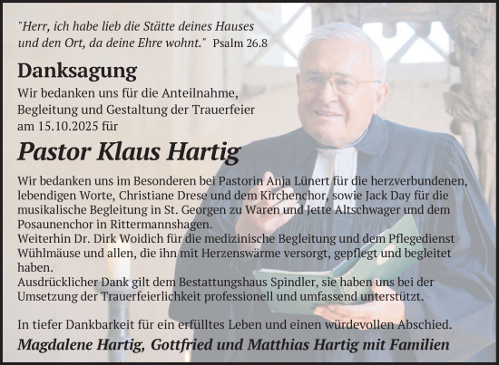 Traueranzeige von Klaus Hartig von Nordkurier Mecklenburger Schweiz