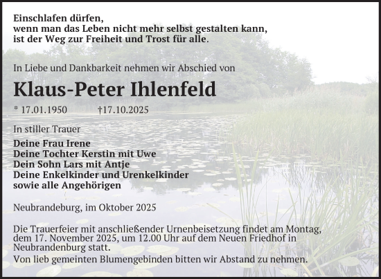 Traueranzeige von Klaus-Peter Ihlenfeld von Nordkurier Neubrandenburger Zeitung