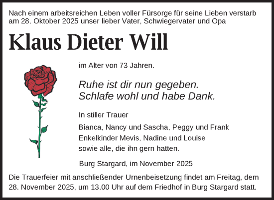 Traueranzeige von Klaus Dieter Will von Nordkurier Neubrandenburger Zeitung