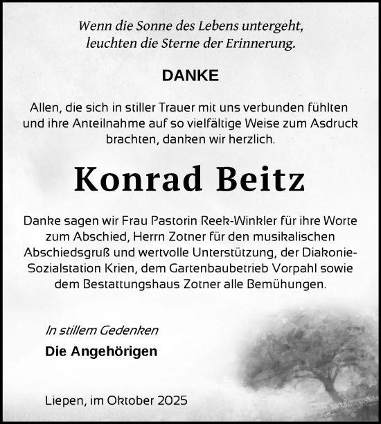 Traueranzeige von Konrad Beitz von Nordkurier Vorpommern Kurier