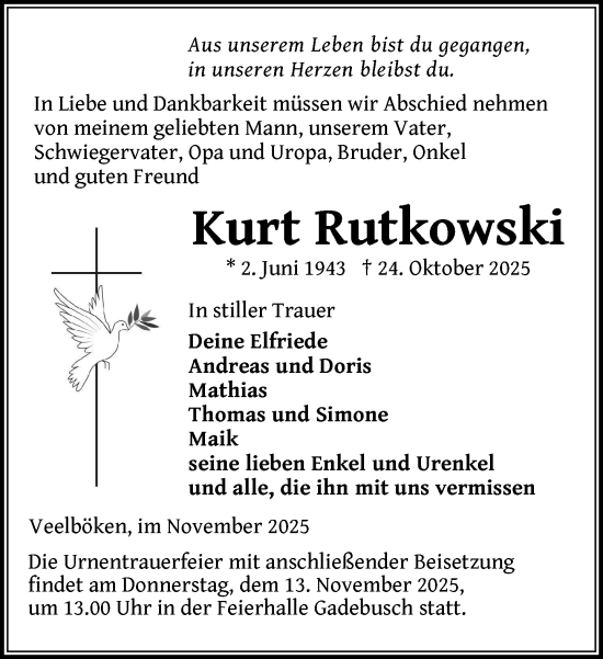 Traueranzeige von Kurt Rutkowski von Gadebusch - Rehnaer Zeitung