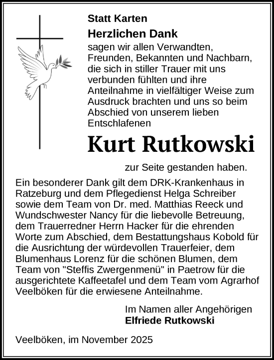Traueranzeige von Kurt Rutkowski von Gadebusch - Rehnaer Zeitung